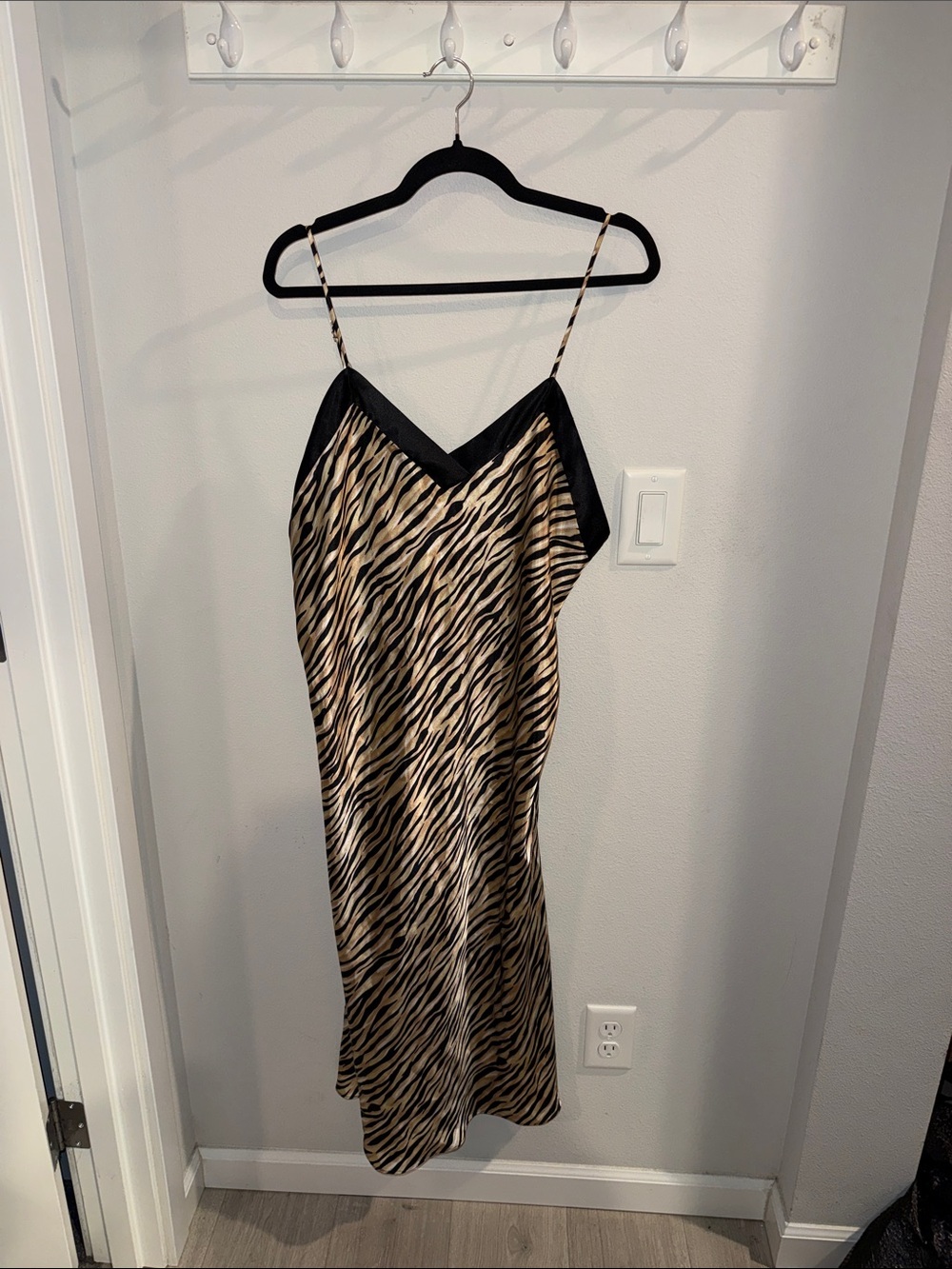 Zebra-Print Slip Midi Dress with Black Trim